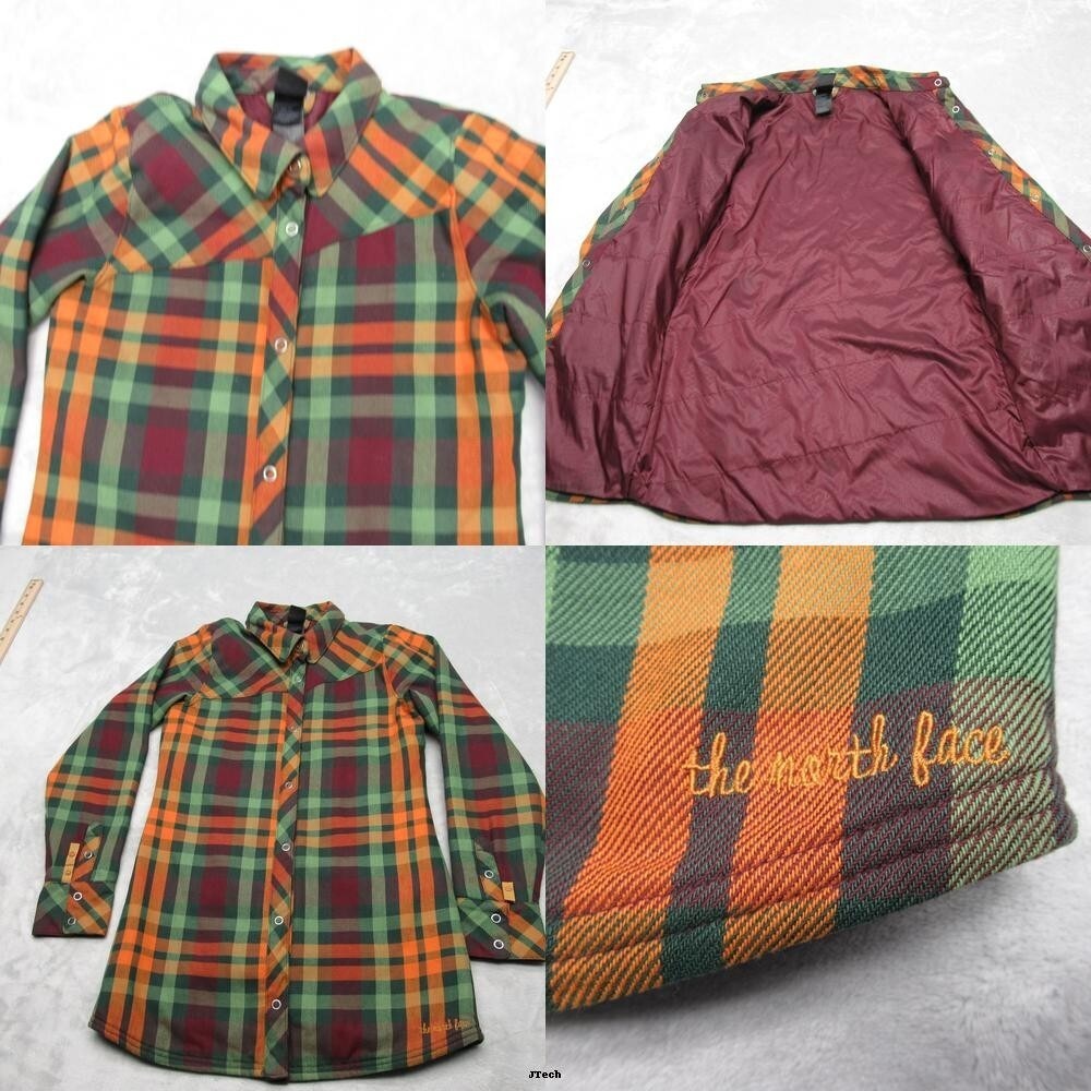 The North Face Jacket Women XS Green Orange Puple Plaid Insulated Snap Front
